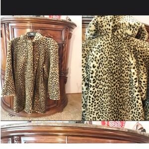 Dennis Basso Faux Fur Leopard Print Hooded Coat Oversized Small